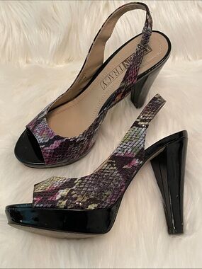 Ellen Tracy Multicolor Snake-Print Patent Slingback Heels 7